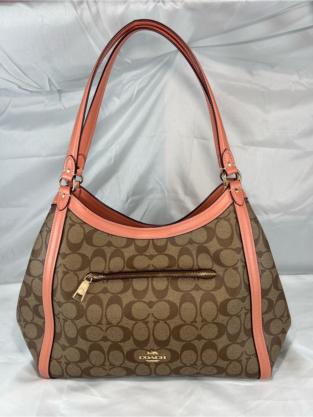 COACH C6232 Kristy Shoulder Bag In Signature Canvas Khaki Coral Pink EUC
